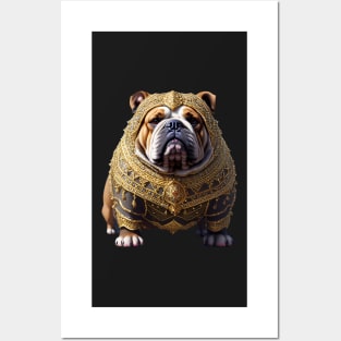 Badass Bulldog in Golden Chainmail Armor and Helmet Posters and Art